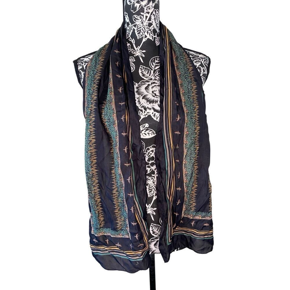 Black Sheer Scarf Striped Bird Print Green Tan Yellow Boho Lightweight Wrap